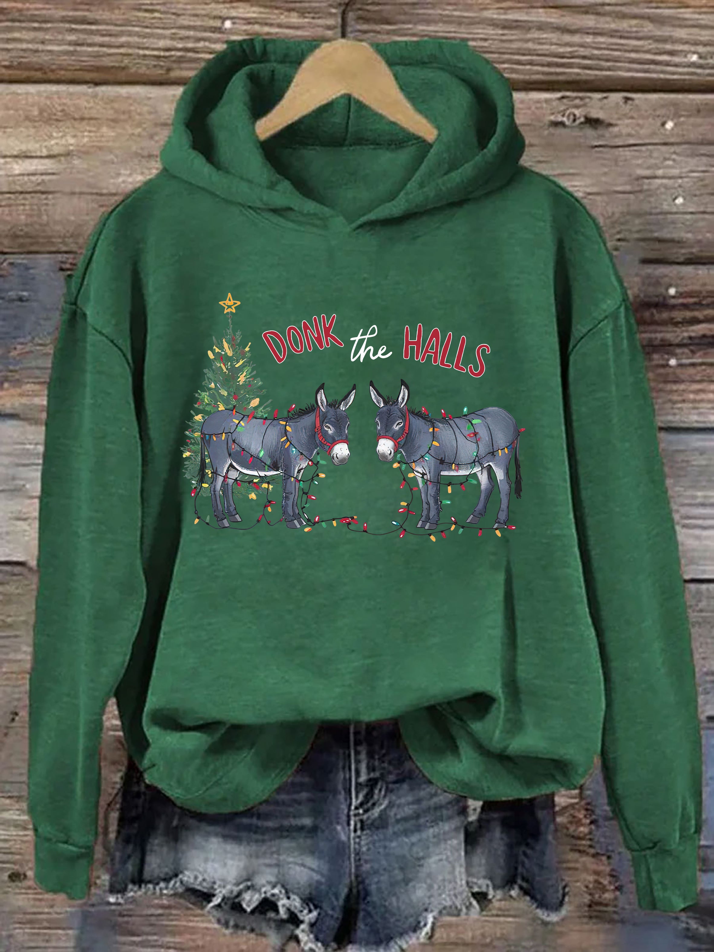Funny Christmas Donkeys Tangled In Christmas Lights Hoodie