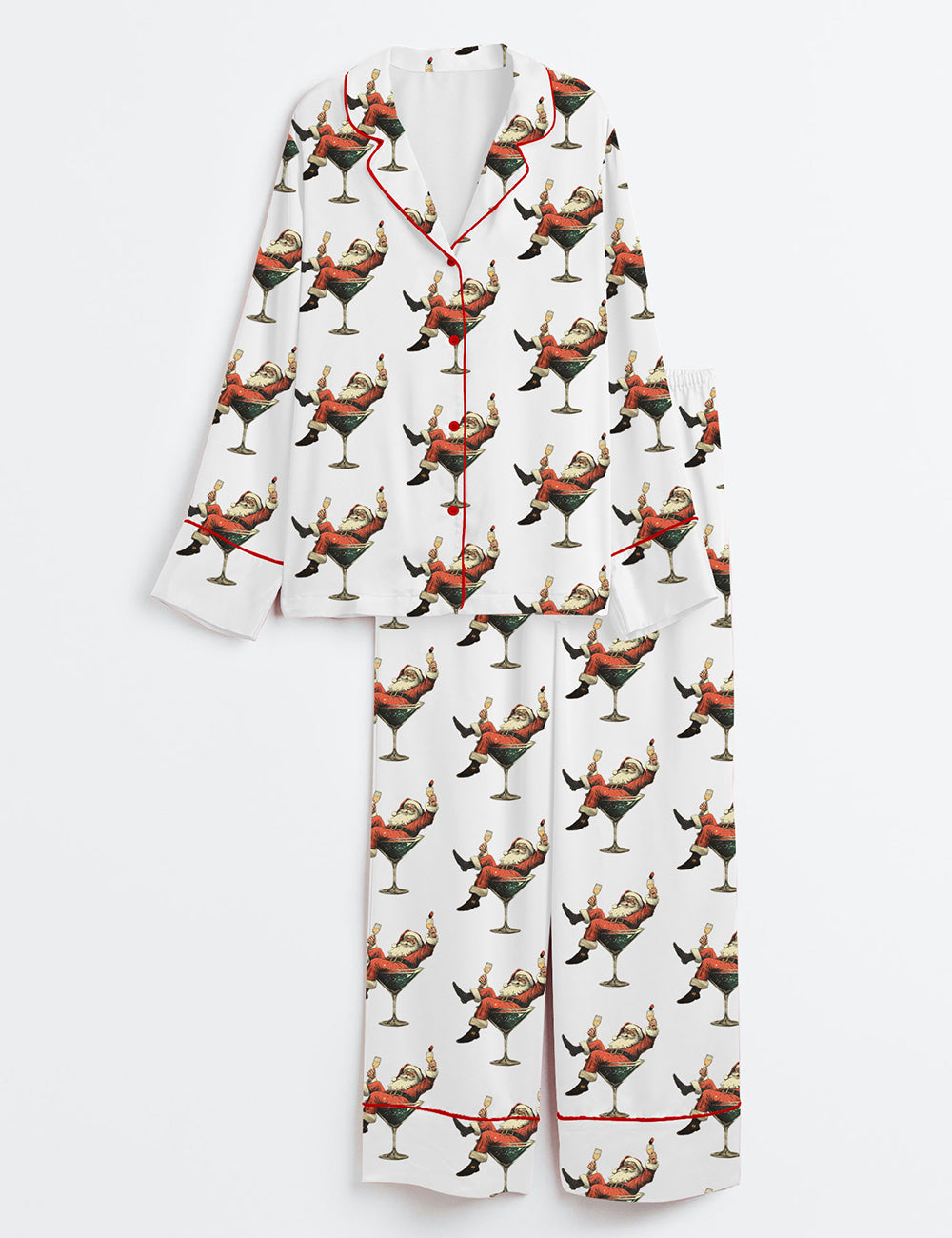Santa Cheers Vintage Christmas Long Sleeve Satin Pajama Set