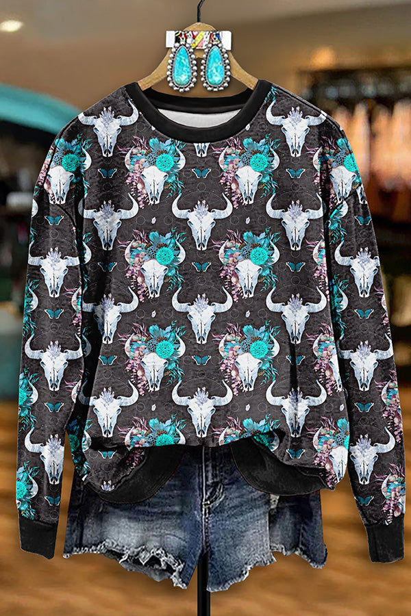 Vintage Bull Head Print Sweatshirt