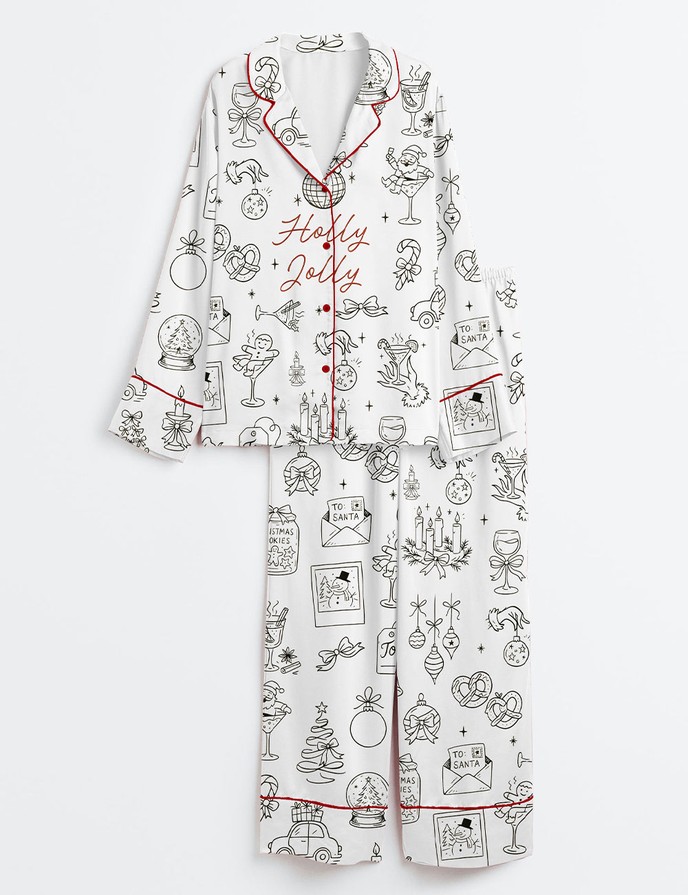 Whimsical Hand Drawn Christmas Holiday Icons Holly Jolly Holiday Long Sleeve Satin Pajama Set