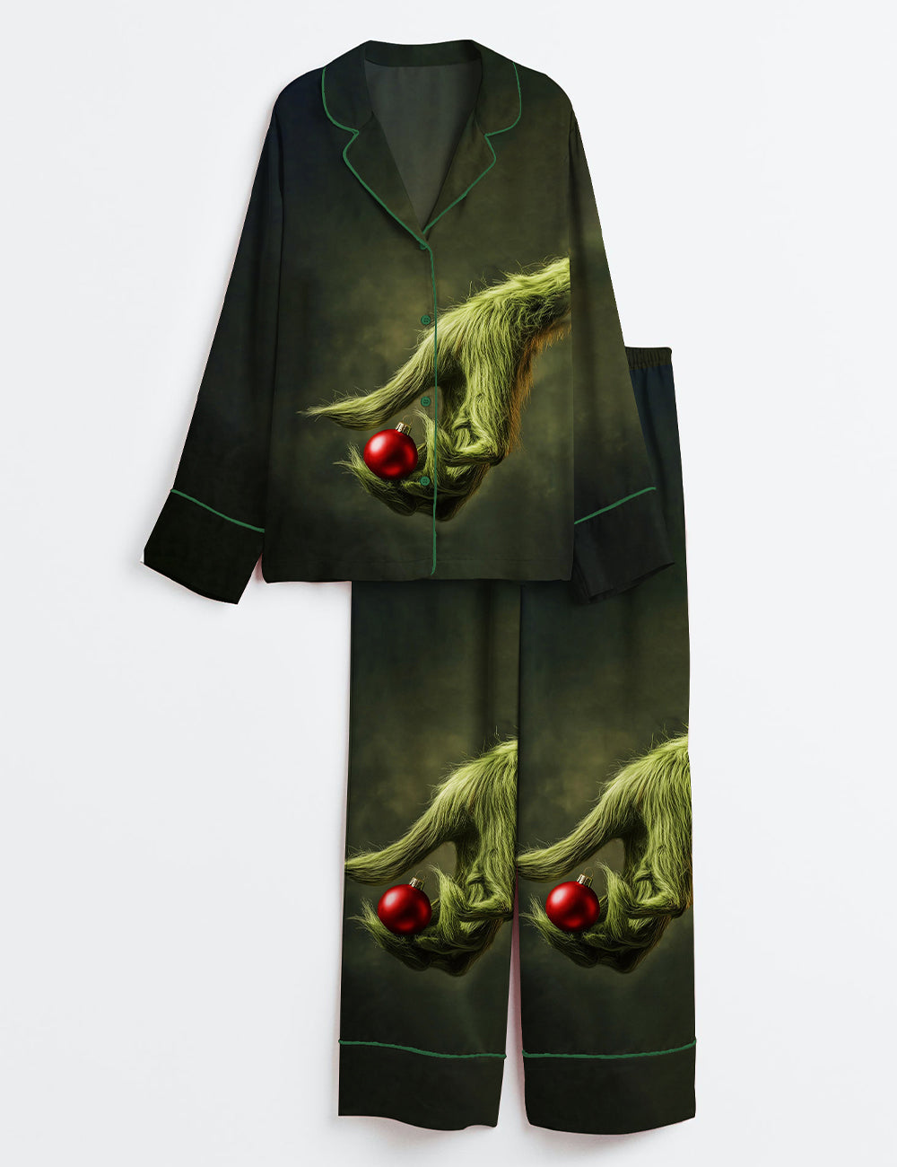 The Grinch Holding An Ornament Christmas Long Sleeve Satin Pajama Set