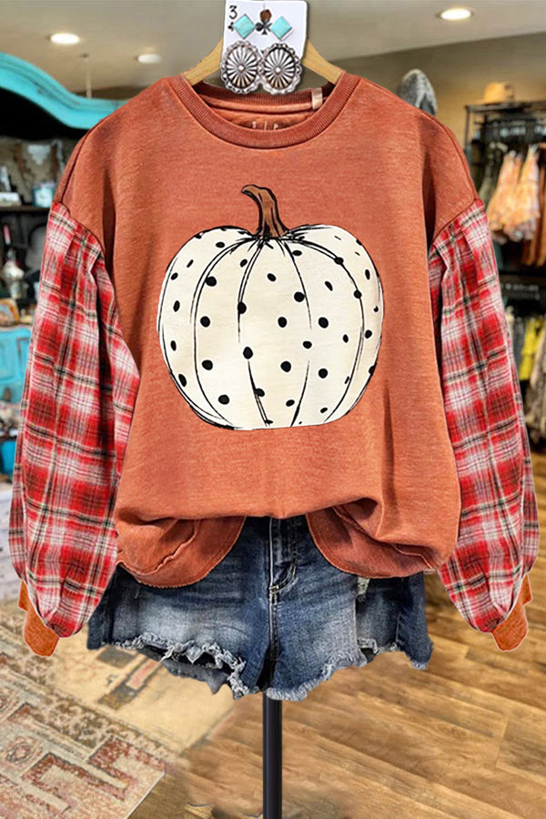 Check Patchwork Contrast Color Print Halloween Sweatshirt