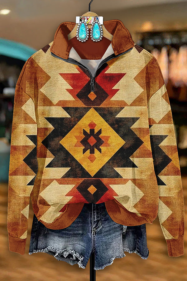 Vintage Western Aztec Print Zip-Up Sweatshirt