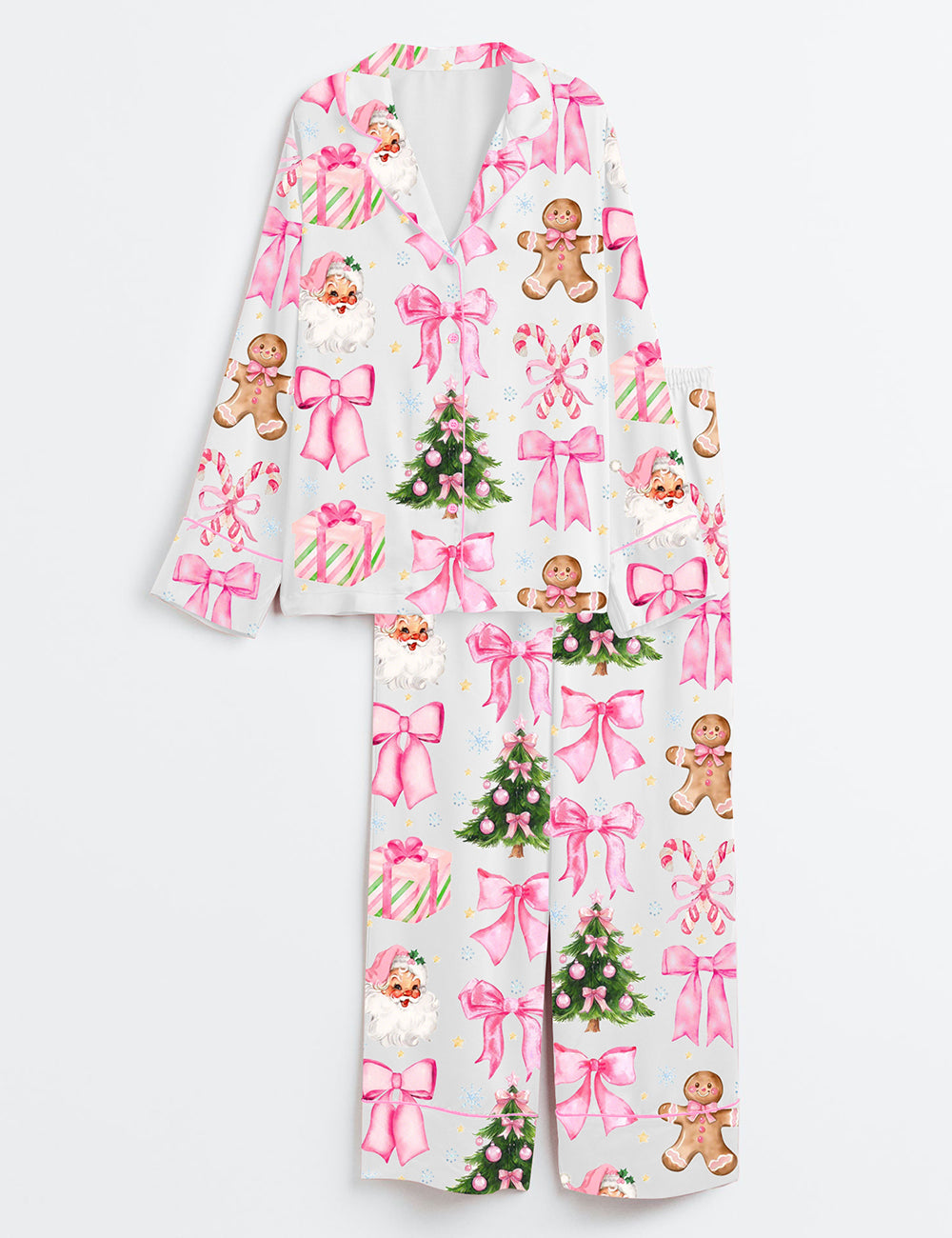 Coquette Christmas Candy Cane Pink Bows Santa Christmas Tree Long Sleeve Satin Pajama Set