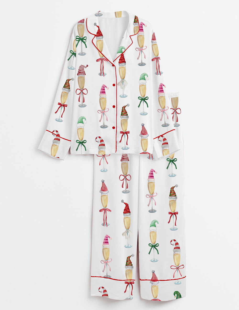 Christmas Champagne Santa Bow Drink Long Sleeve Satin Pajama Set