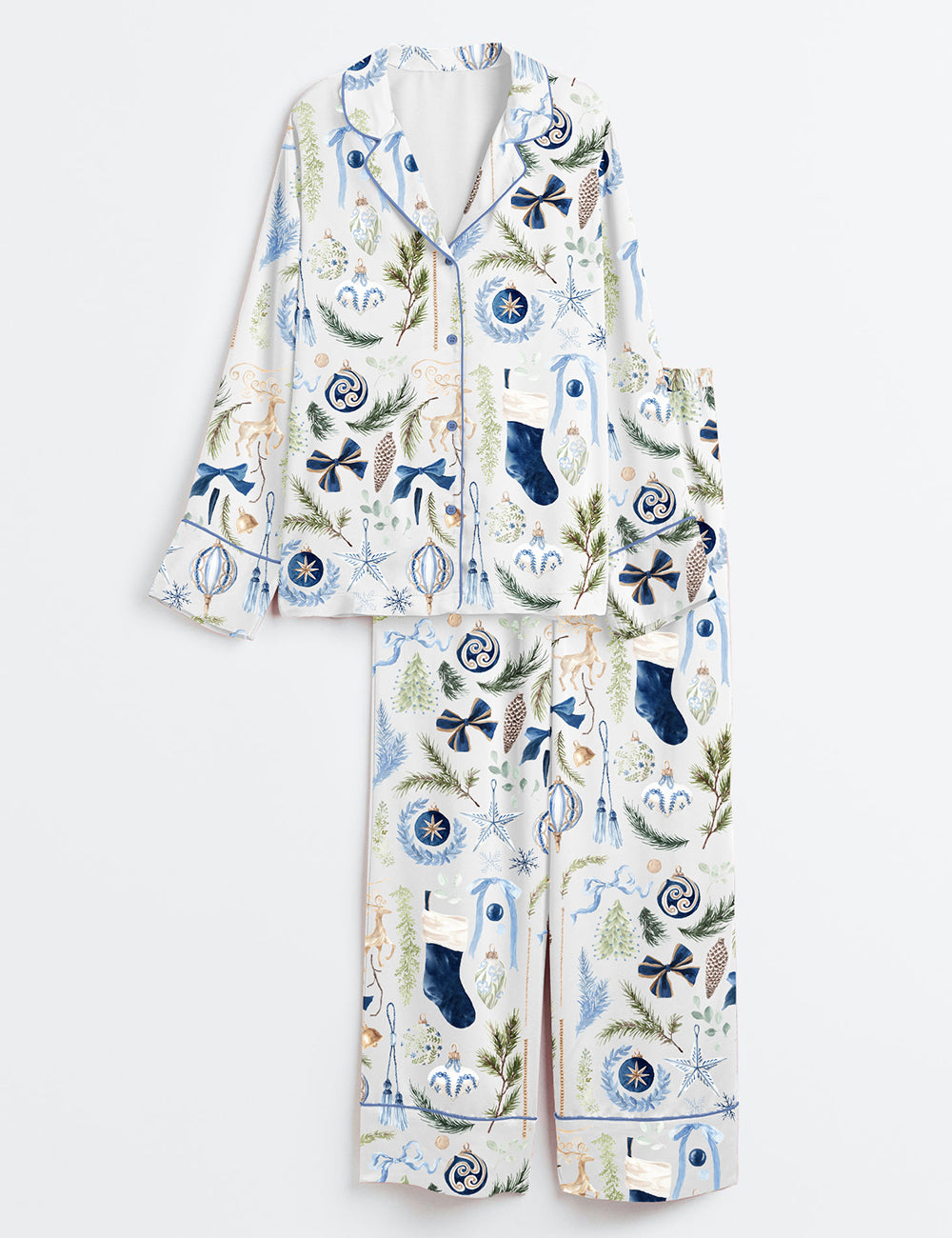 Watercolor Navy Christmas Navy Gold Royal Blue Christmas Long Sleeve Satin Pajama Set