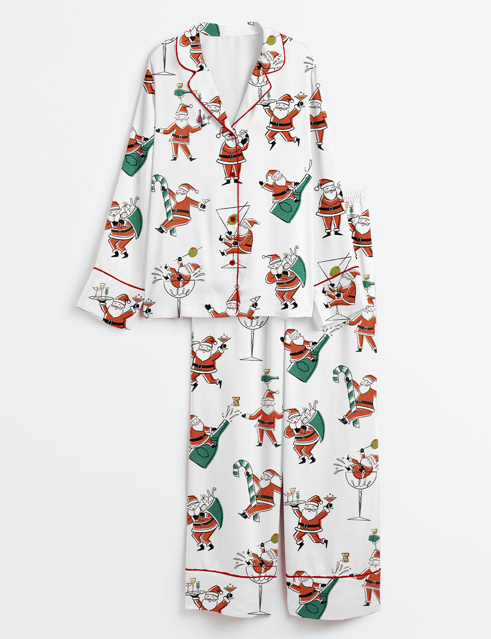 Christmas Santa Martini Cocktail Mid Century Modern Cocktail Long Sleeve Satin Pajama Set