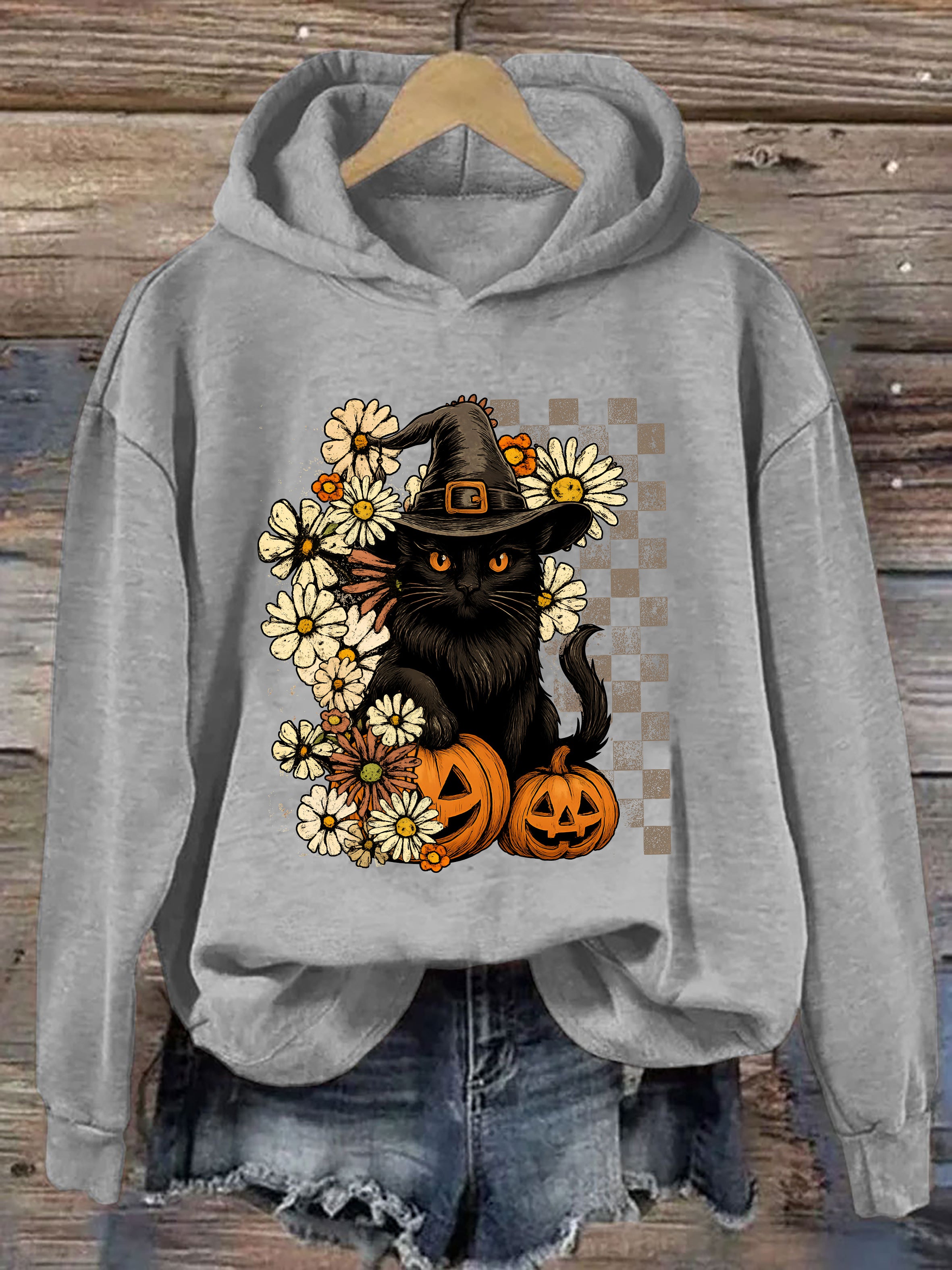 Boho Floral Black Cat Hoodie
