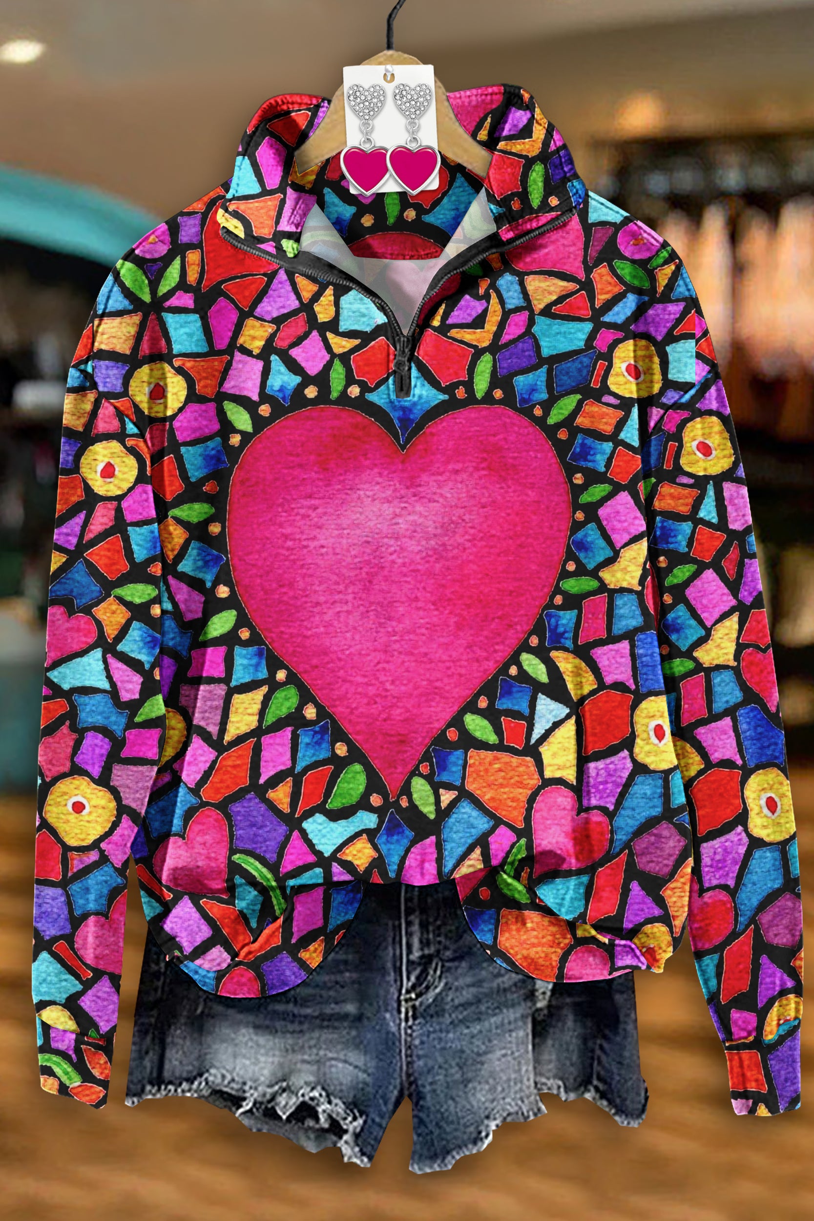 Unique Valentine's Day Heart Print Zipper Sweatshirt