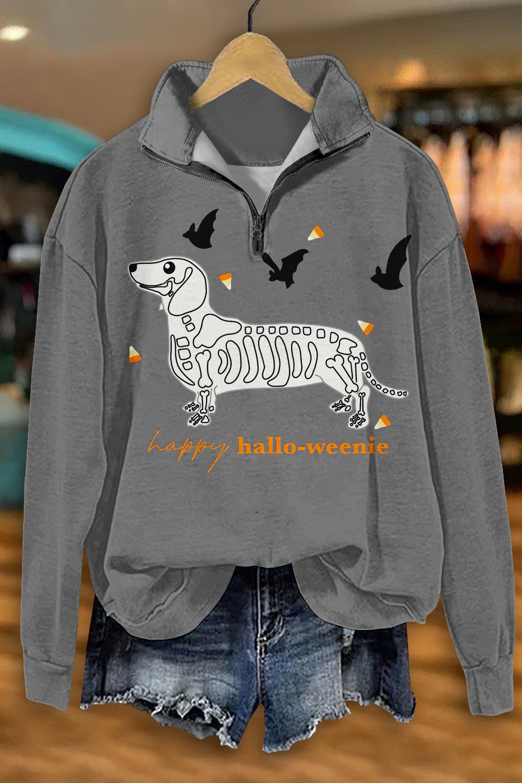 Cute Halloween Dachshund Skull Print Zip-Up Sweatshirt