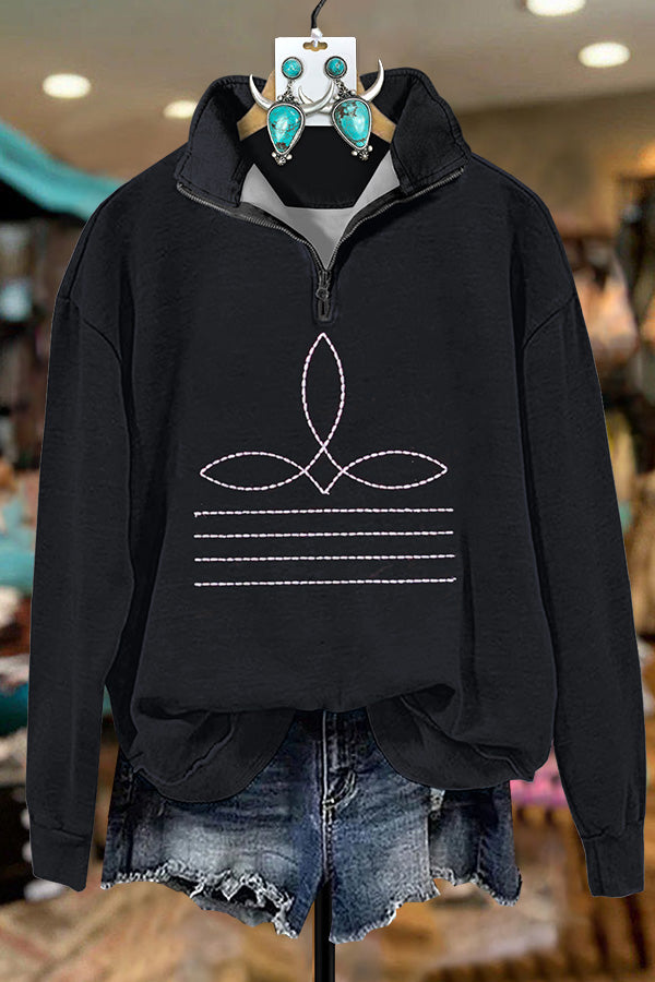 Western Simple Boots Stitched Zipper Sweatshirt