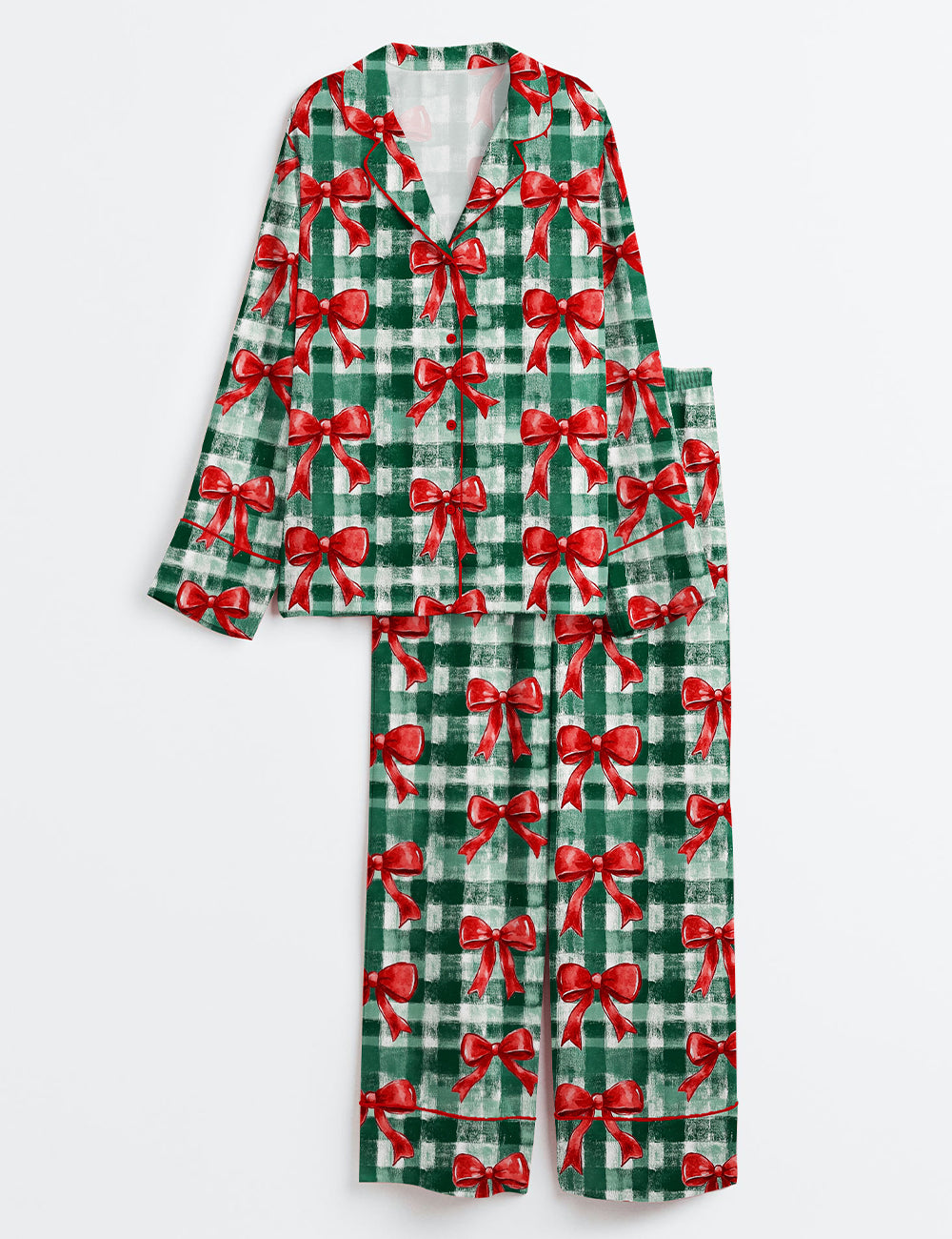 Christmas Gingham Green Watercolor Bows Long Sleeve Satin Pajama Set