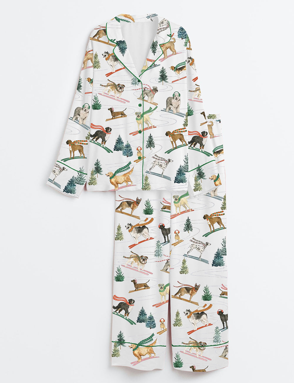 Skiing Dogs Christmas Ski Dog Lover Long Sleeve Satin Pajama Set