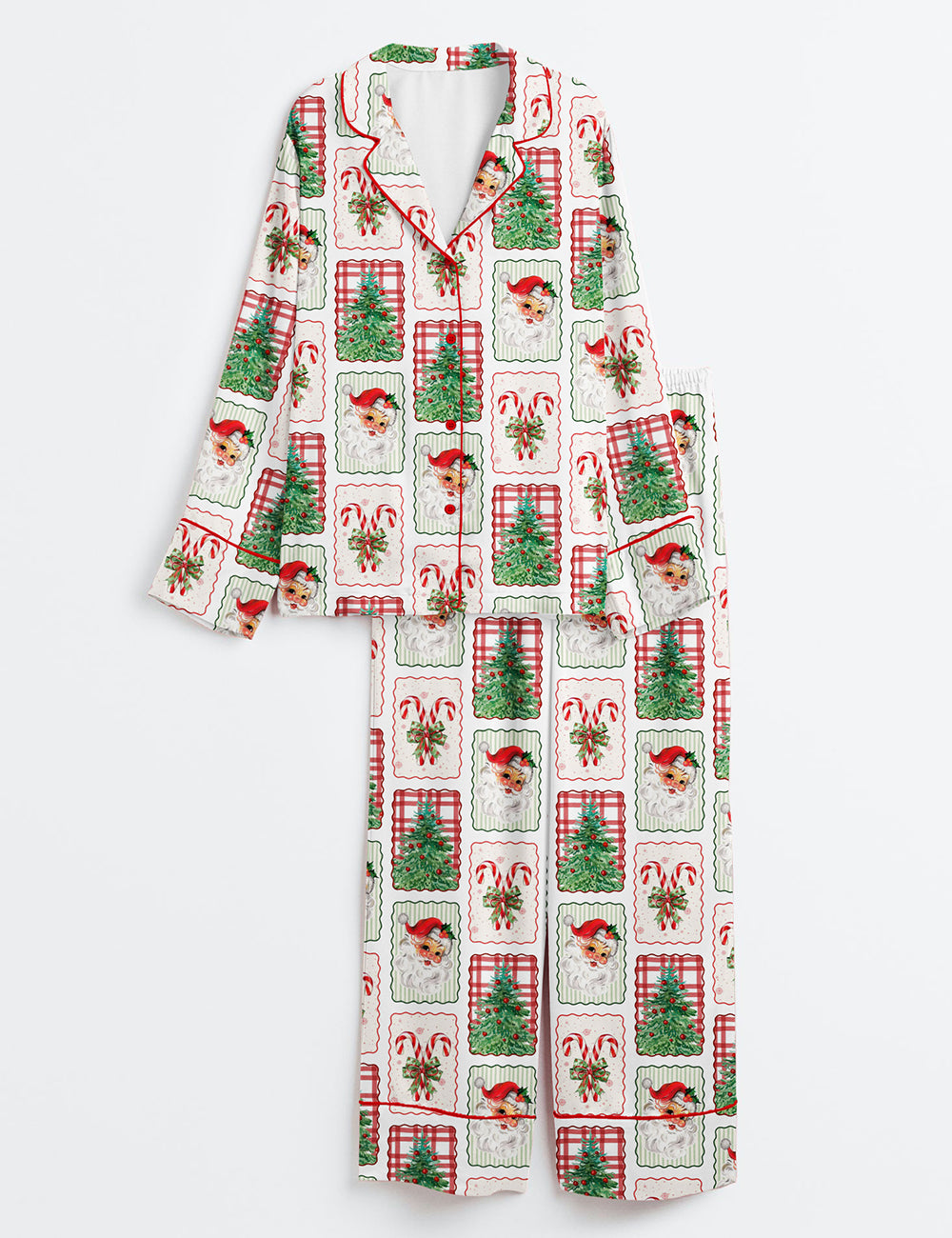 Coquette Frame Red Bow Candy Cane Gingerbread Xmas Santa Long Sleeve Satin Pajama Set