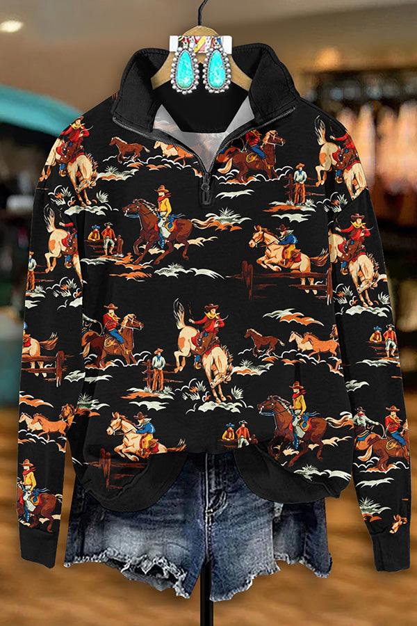 Retro Western Rodeo Print Zip-Up Sweatshirt
