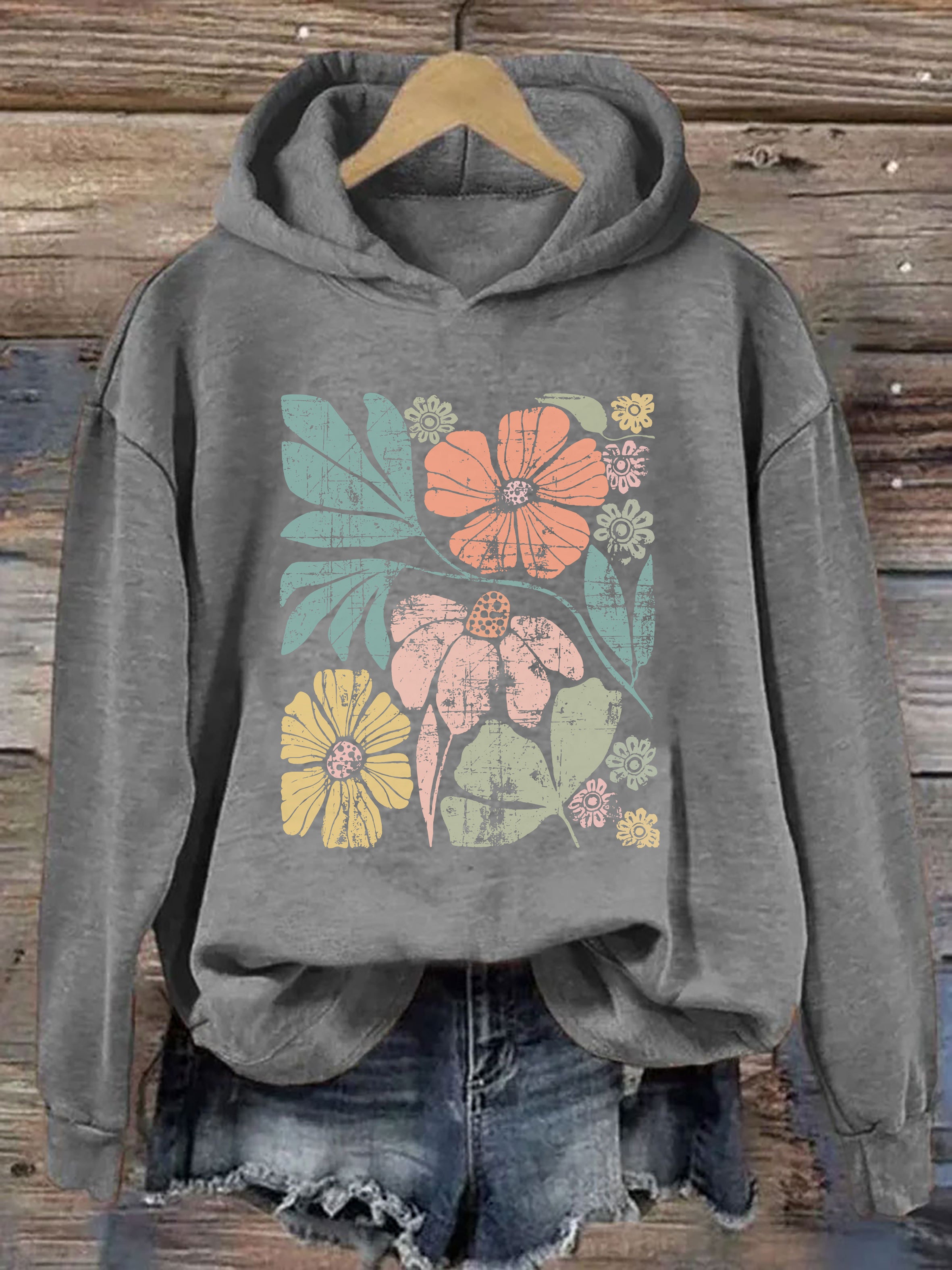 Large Colorful Distressed Flowers Hoodie