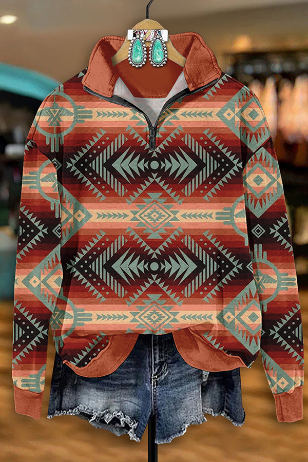 Retro Western Aztec Print Zip-Up Sweatshirt