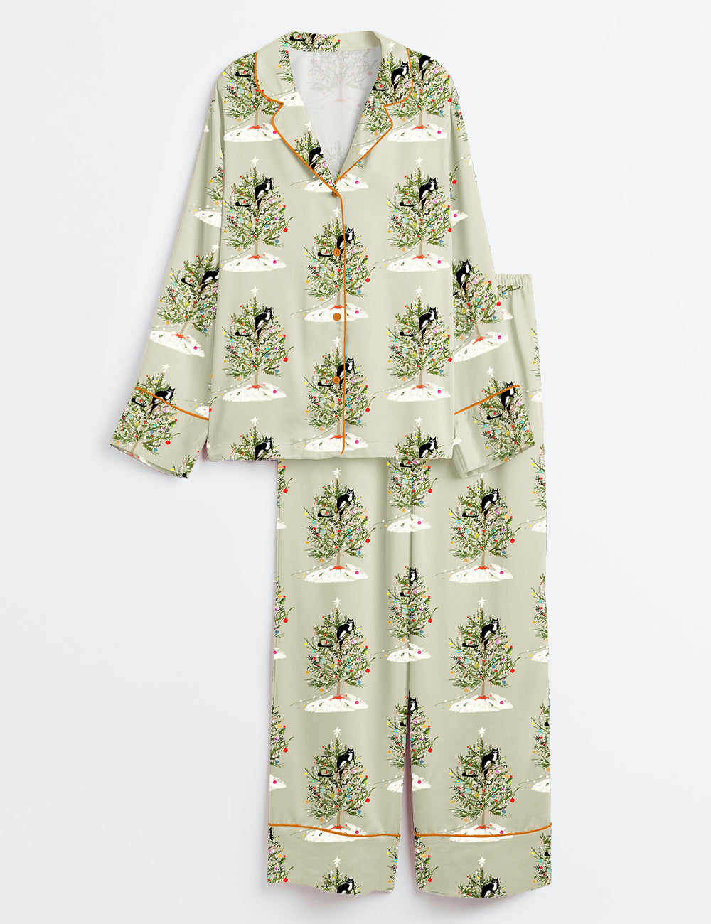 Christmas Tree Cat Long Sleeve Satin Pajama Set
