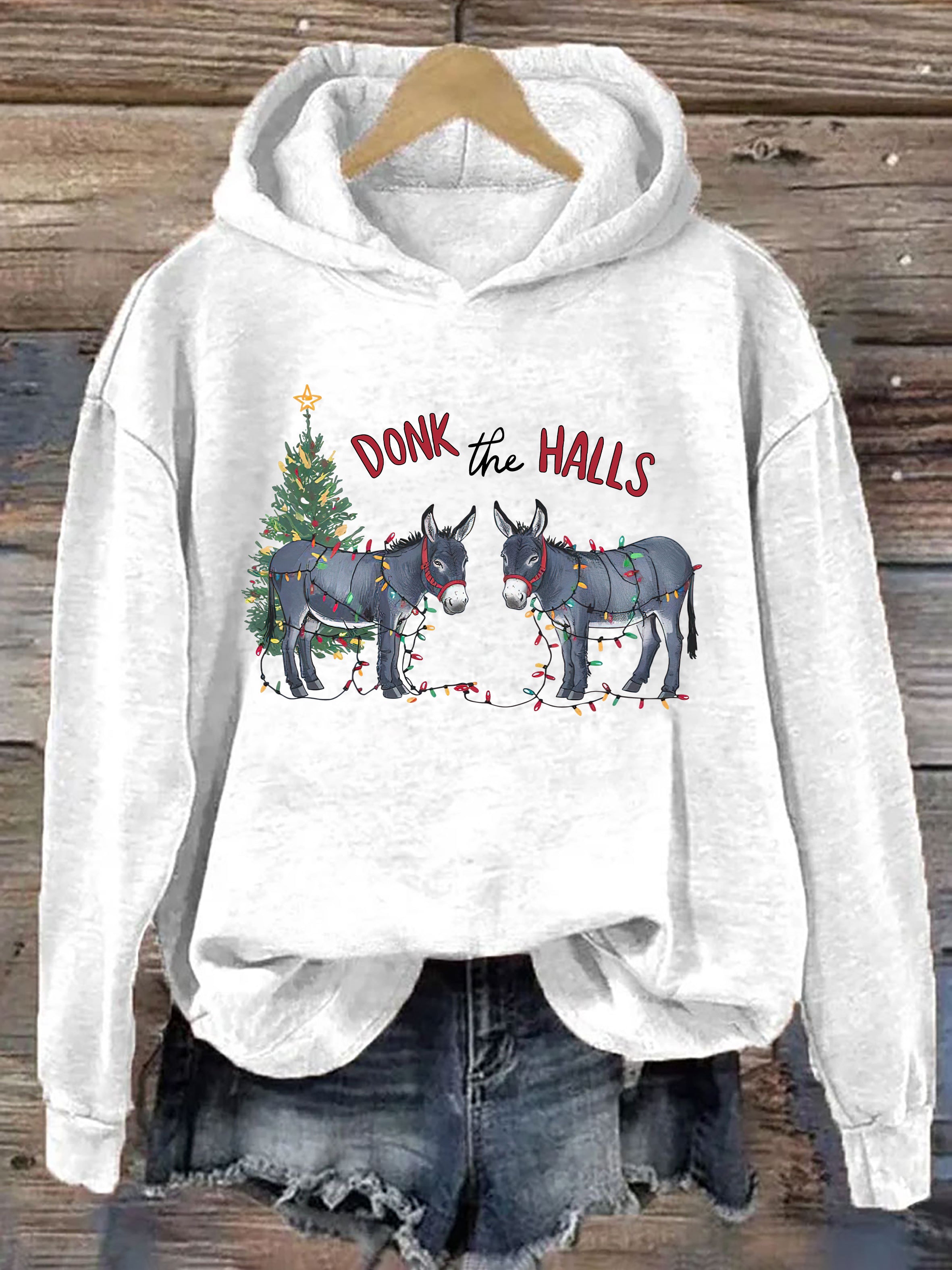 Funny Christmas Donkeys Tangled In Christmas Lights Hoodie