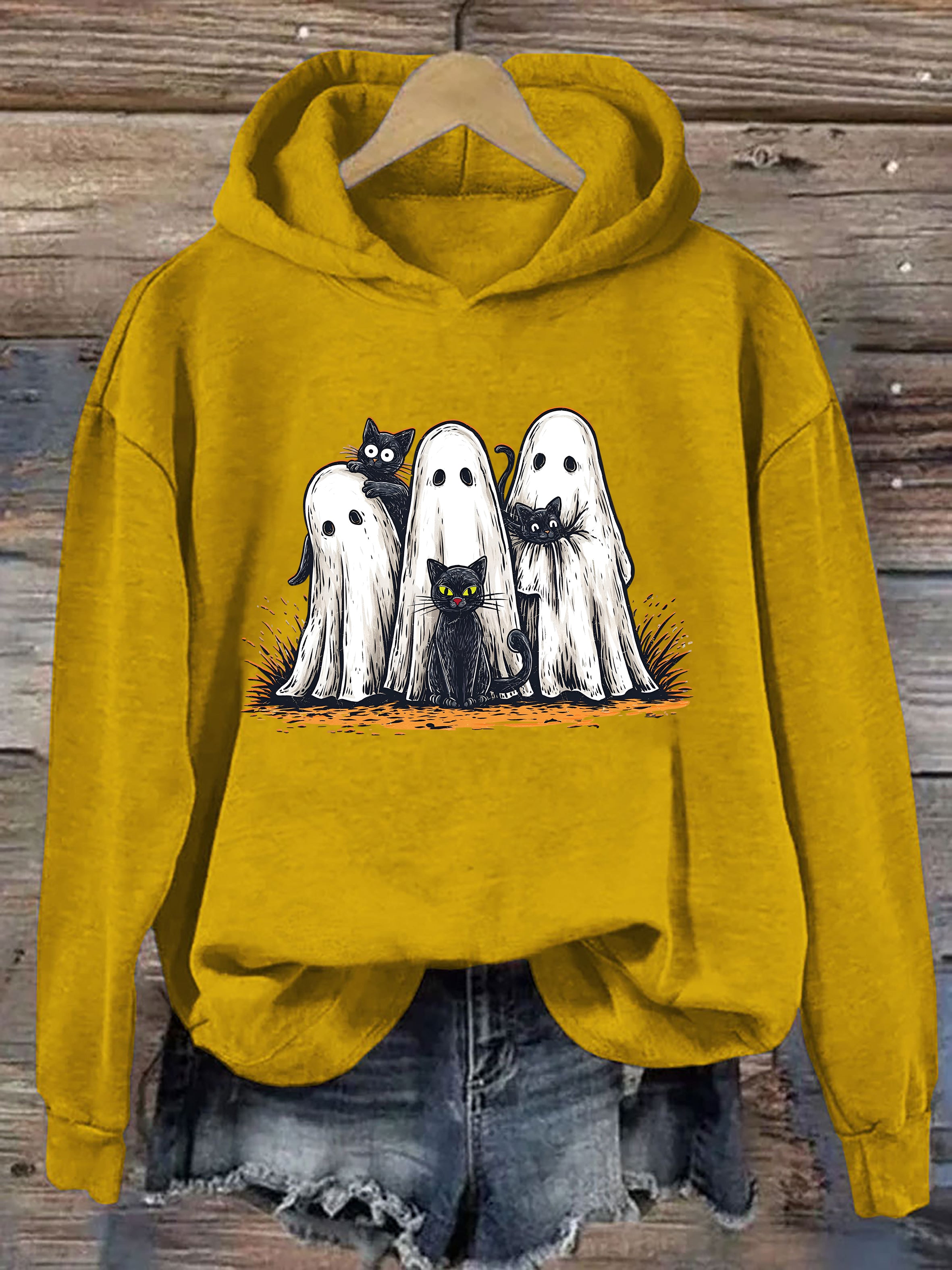 Retro Halloween Ghost And Cat Hoodie