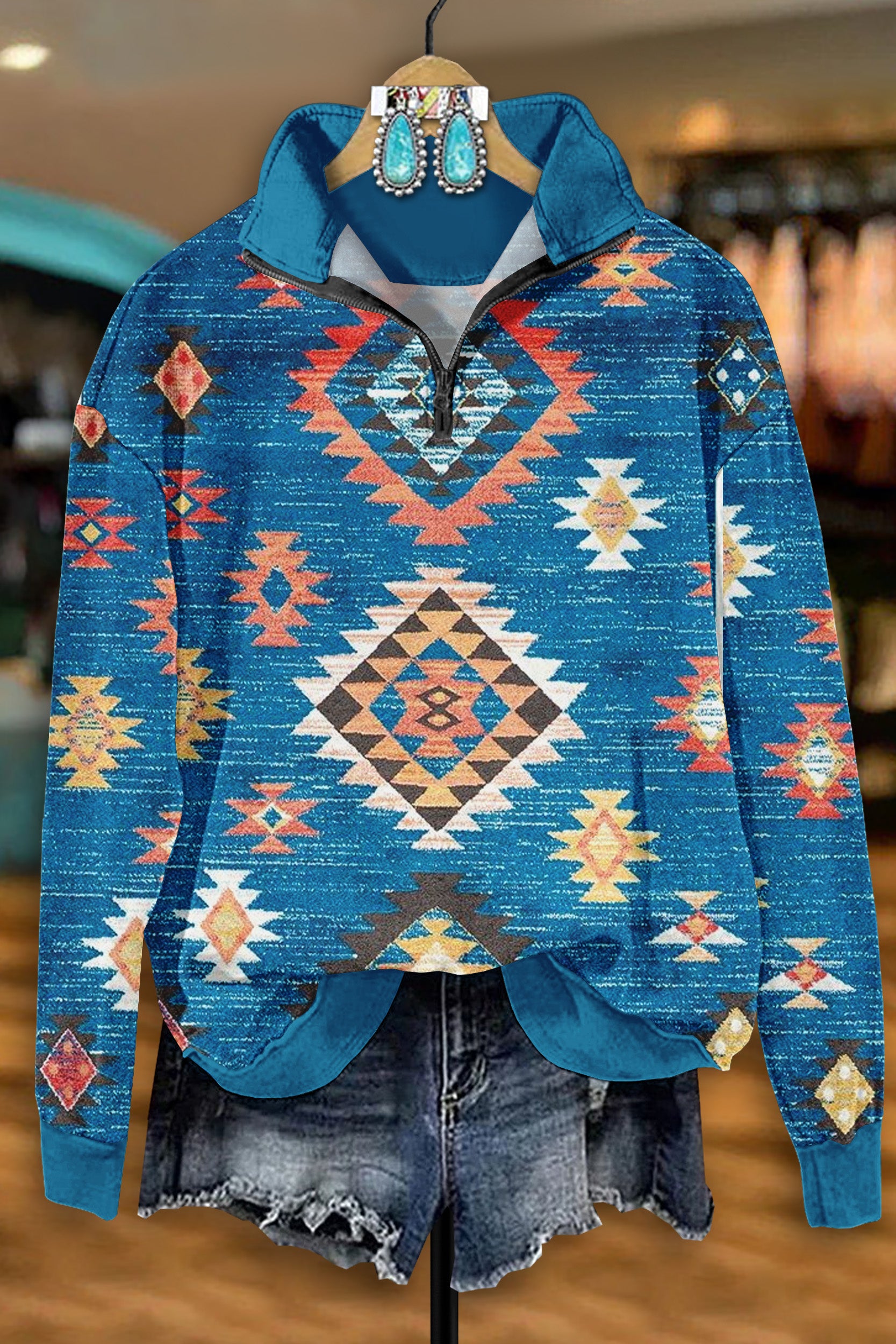 Retro Western Aztec Print Zip-Up Sweatshirt