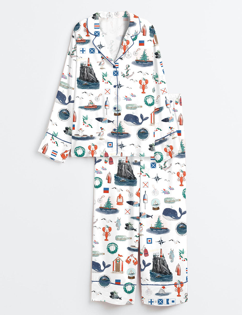 Coastal Nautical Christmas Watercolor Ocean Sea Beach Holiday Long Sleeve Satin Pajama Set