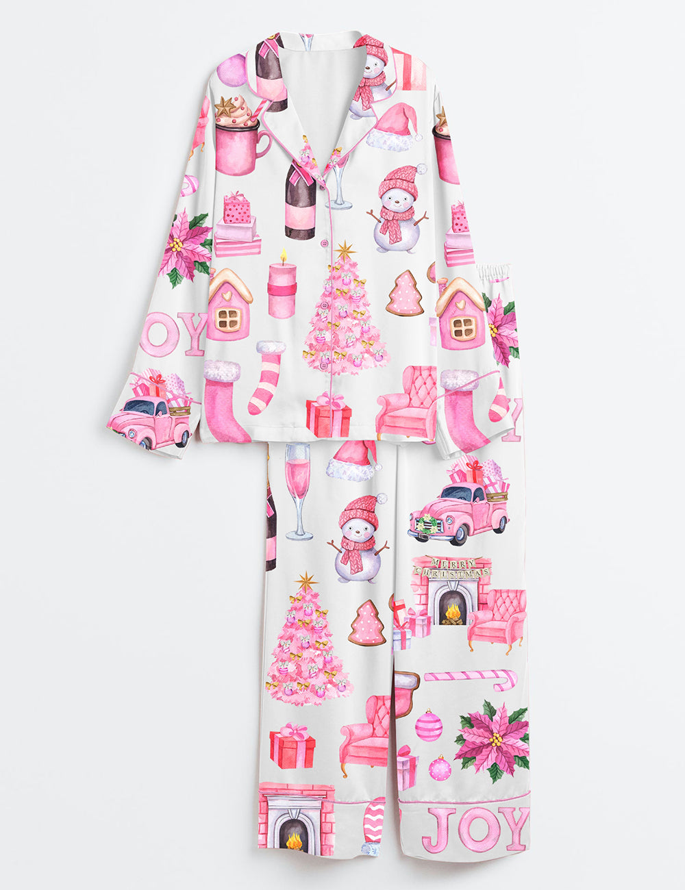 Watercolor Pink Christmas Truck Tree Long Sleeve Satin Pajama Set