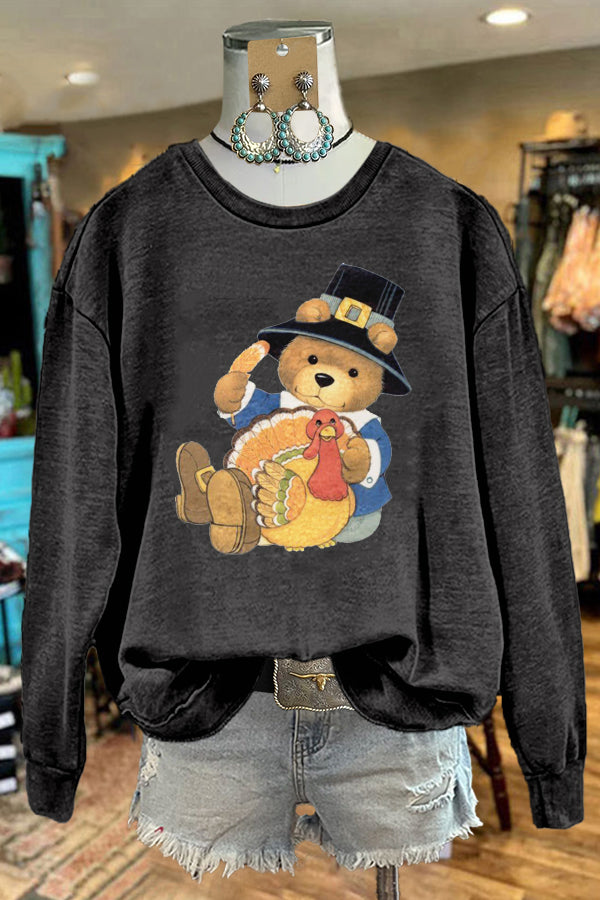Cute Bear Thanksgiving Turkey Print Sweatshirt
