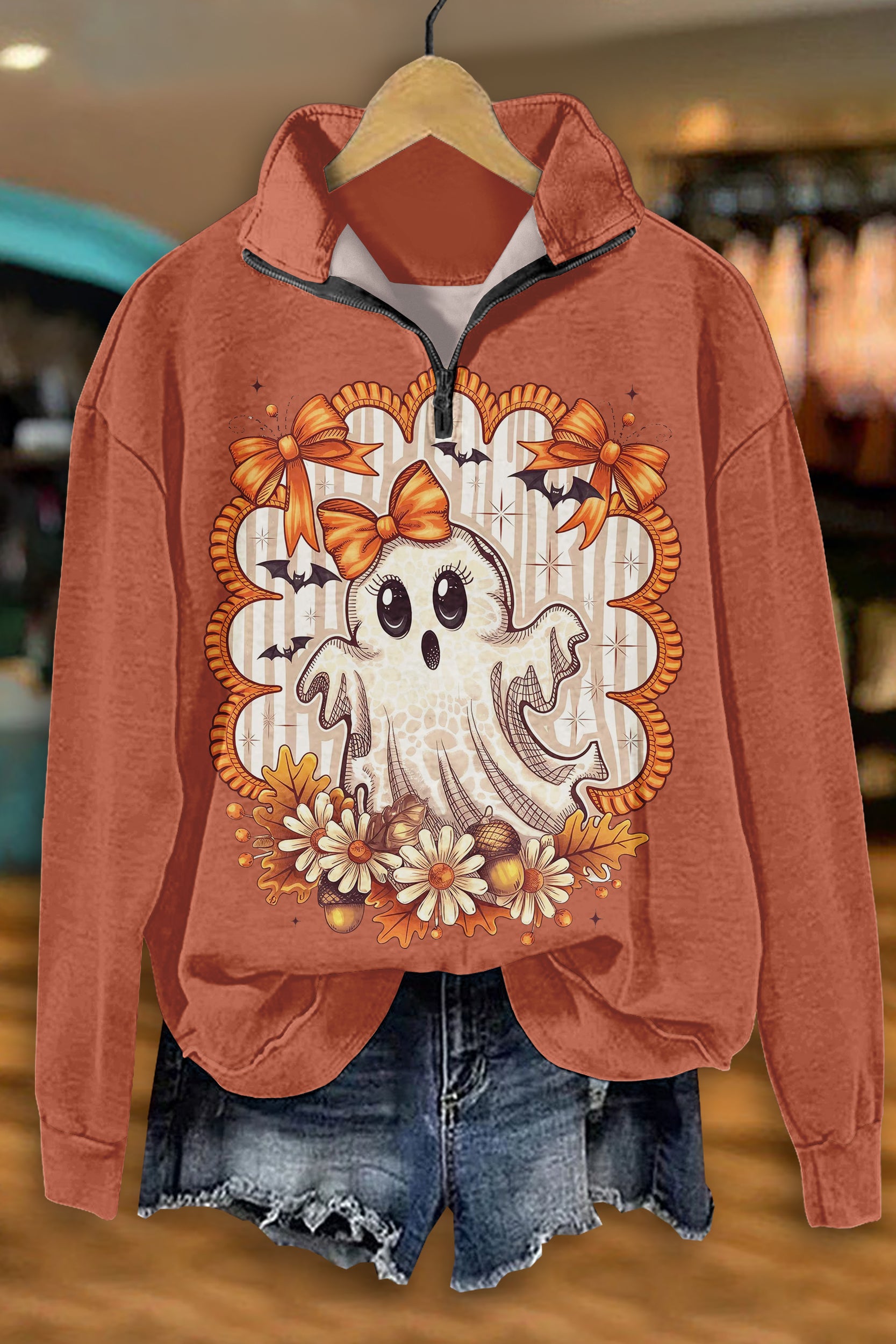 Cute Halloween Ghost Print Zipper Sweatshirt
