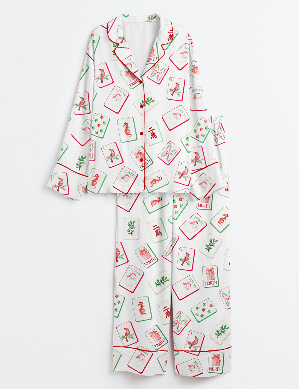 Watercolor Chinoiserie Millennial Mahjong Christmas Santa Party Long Sleeve Satin Pajama Set