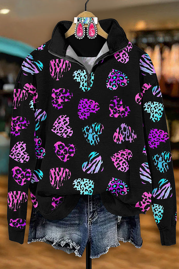 Vintage Western Heart Leopard Print Zip-Up Sweatshirt