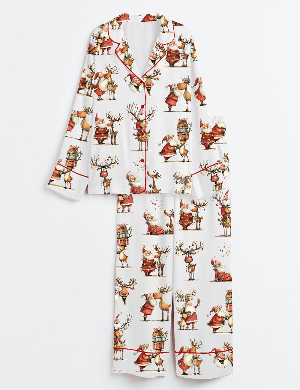 Santa And Reindeer Christmas Festive Holiday Long Sleeve Satin Pajama Set