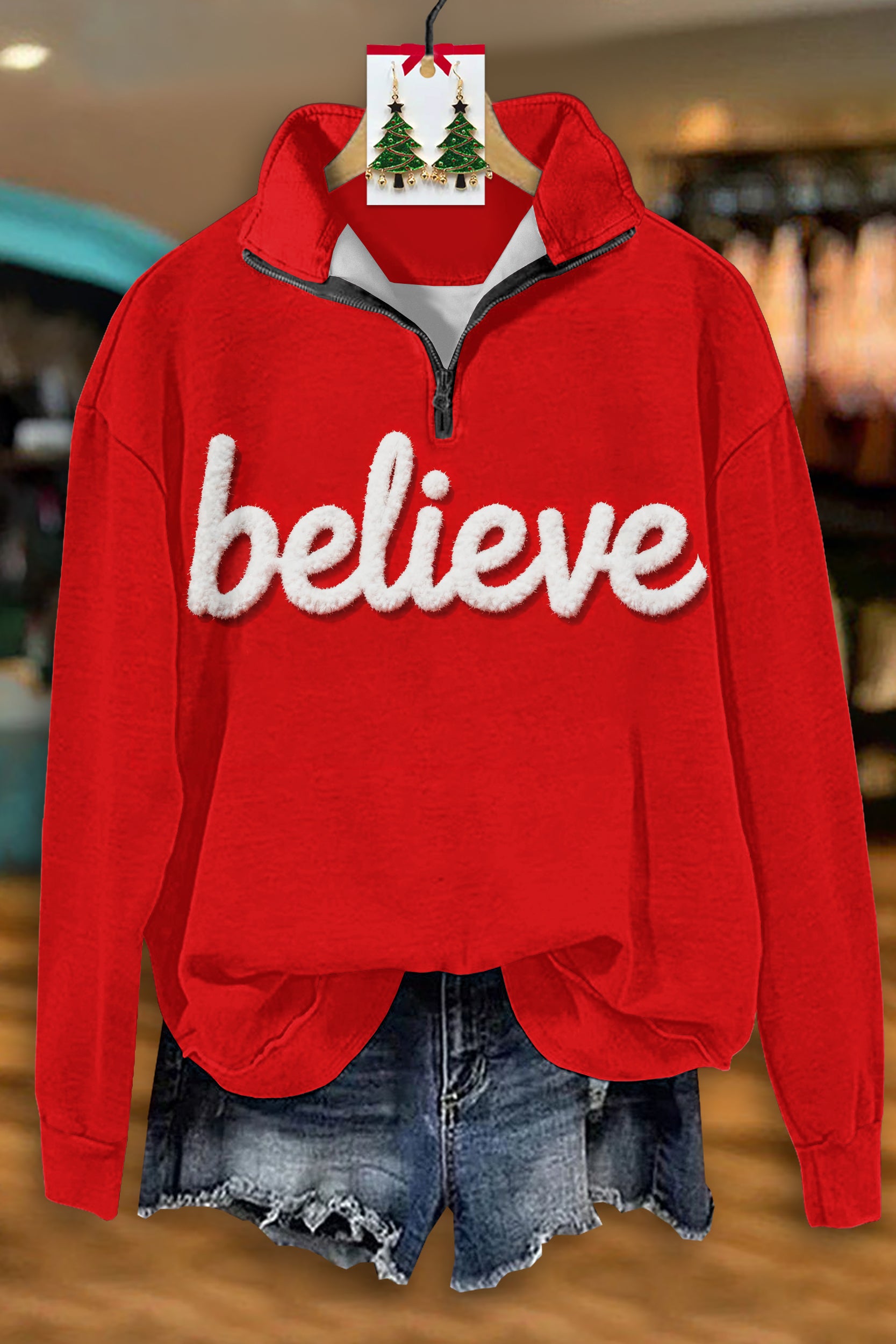 Classic Christmas Believe Print Zip-Up Sweatshirt