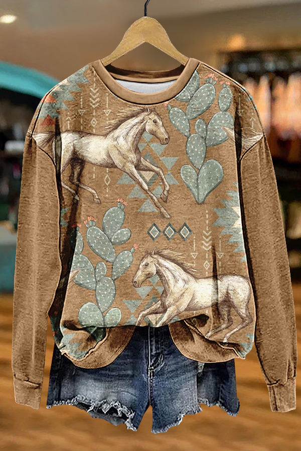Western Retro Horse Cactus Print Sweatshirt