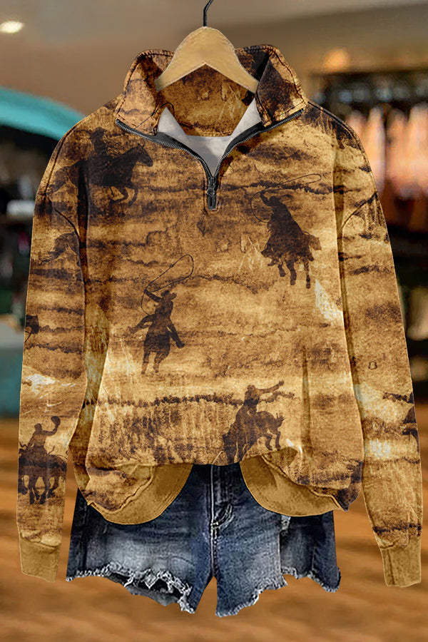 Retro Western Cowboy Print Sweatshirt