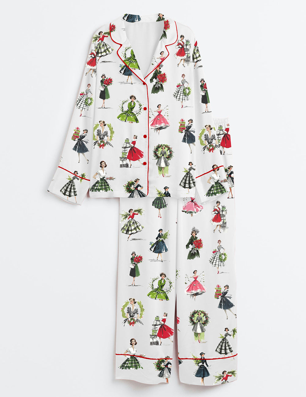 Vintage Christmas Lady Retro Holiday Fashion Long Sleeve Satin Pajama Set