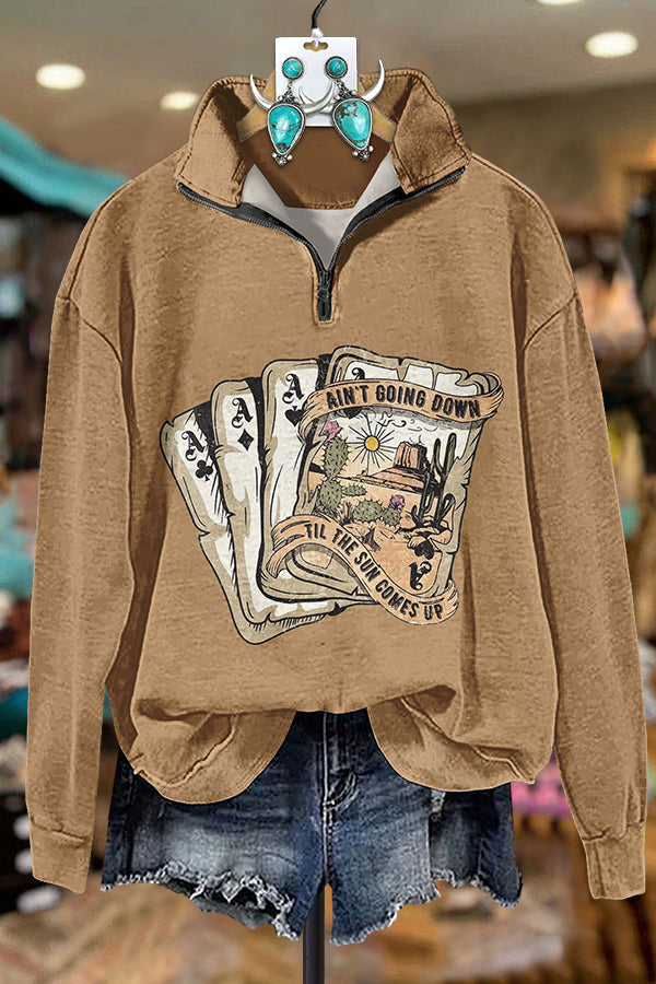 Western Print Playing Card Zipper Sweatshirt