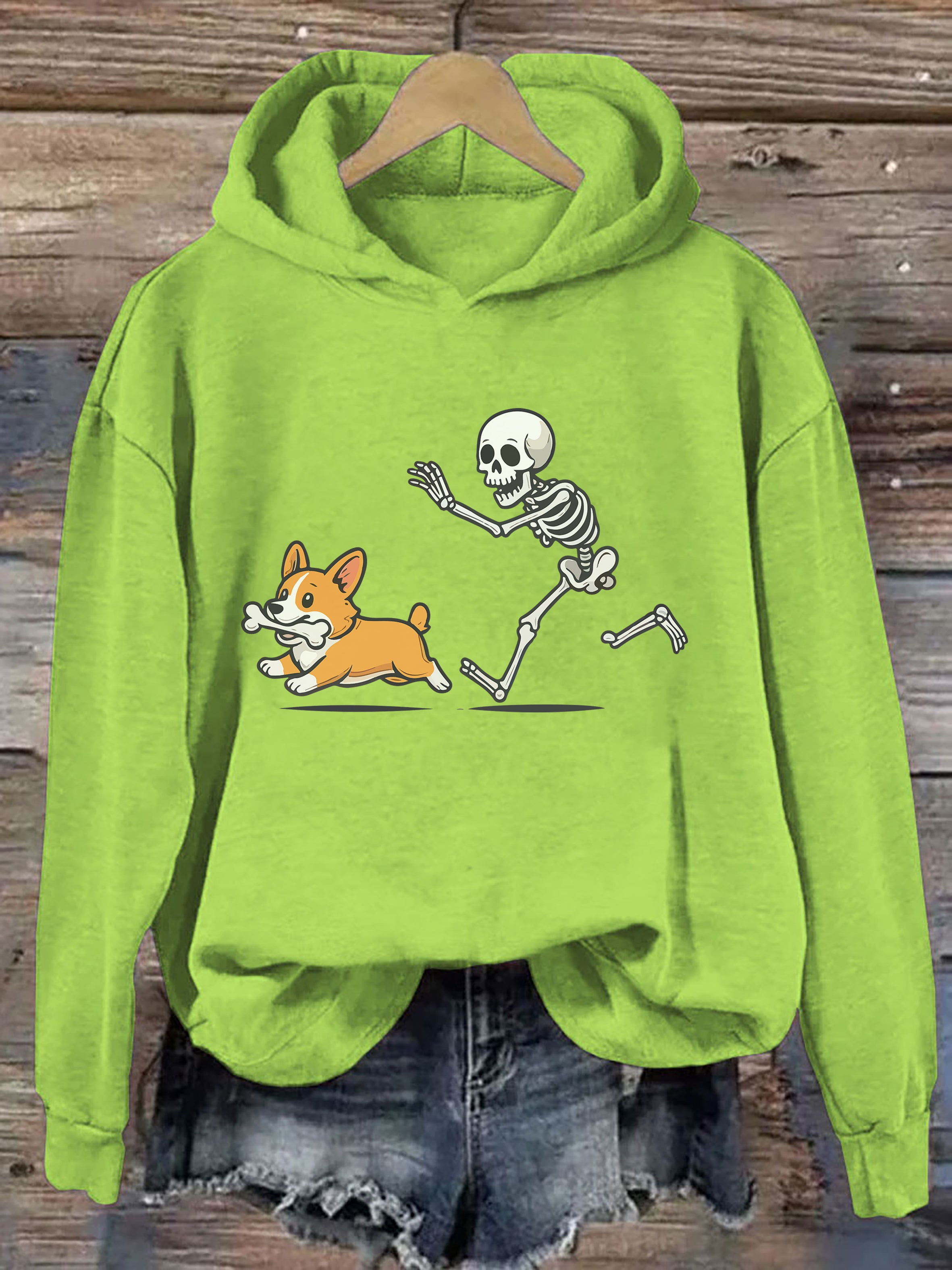 Funny Skeleton Chasing Corgi Hoodie