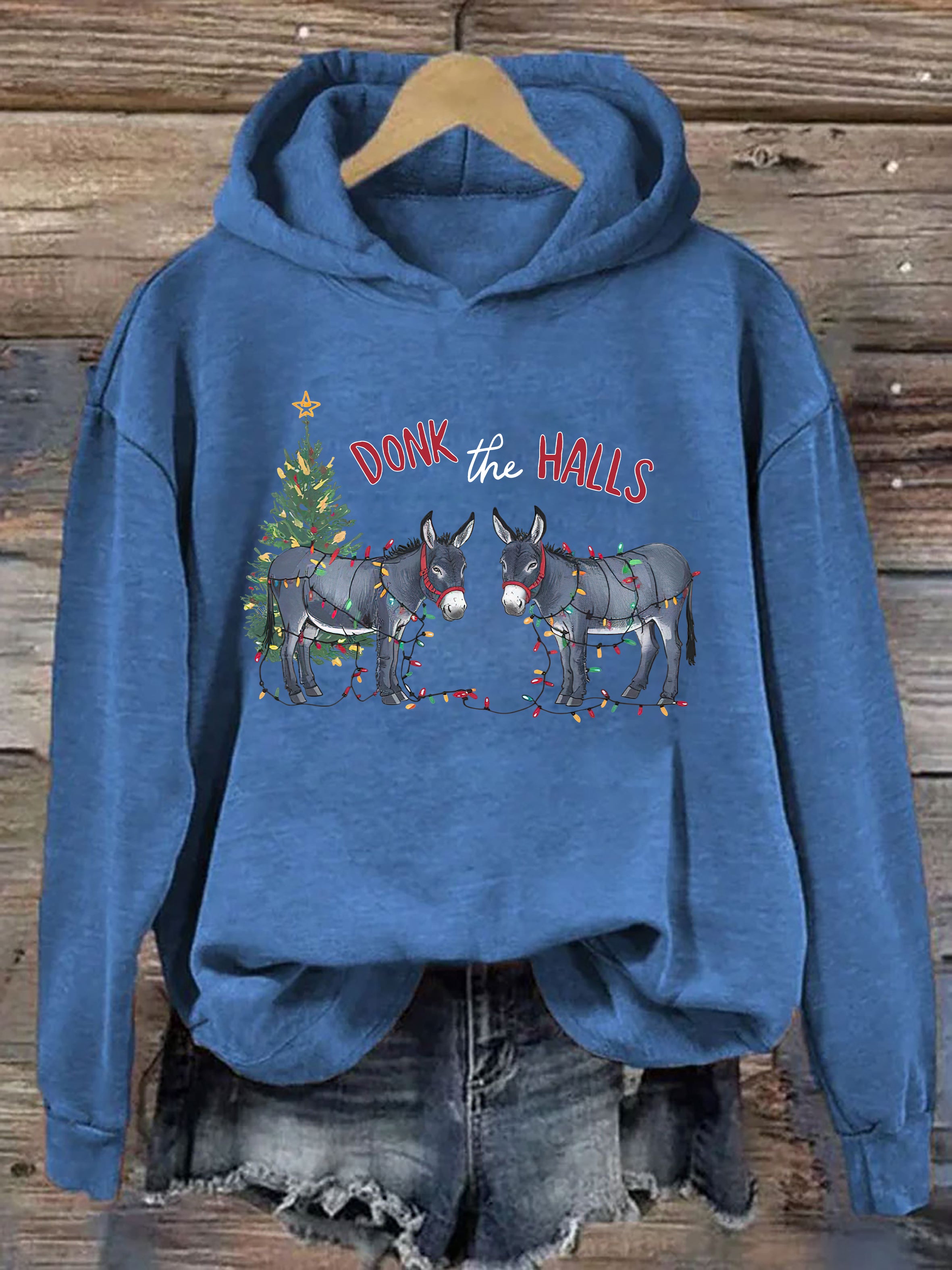 Funny Christmas Donkeys Tangled In Christmas Lights Hoodie