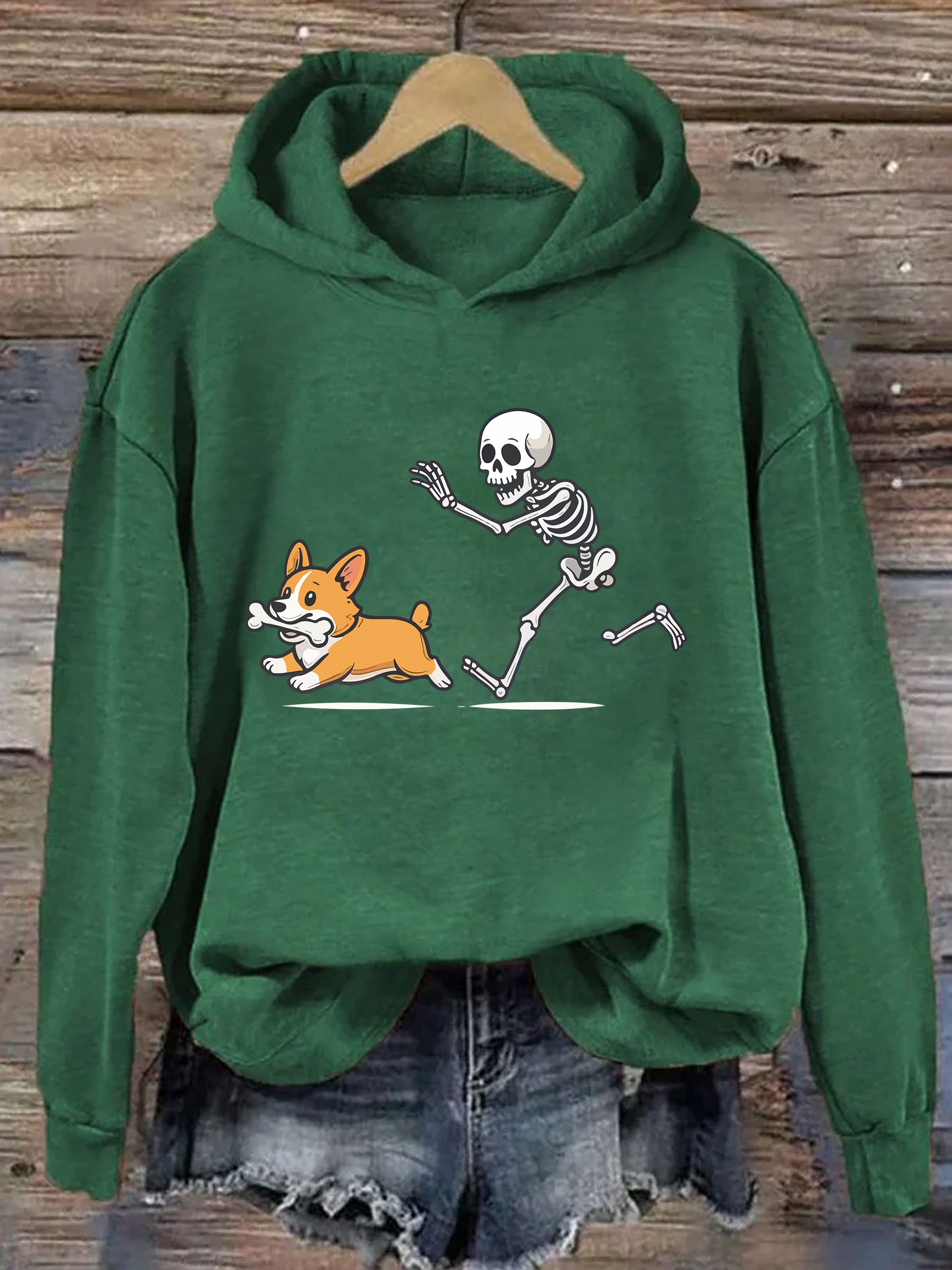 Funny Skeleton Chasing Corgi Hoodie