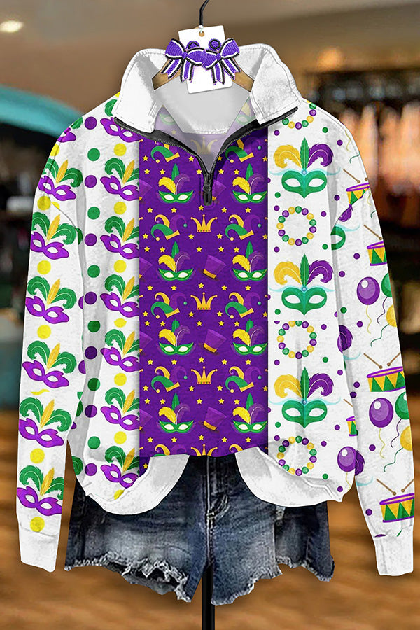 Vintage Mardi Gras Print Zip-Up Sweatshirt