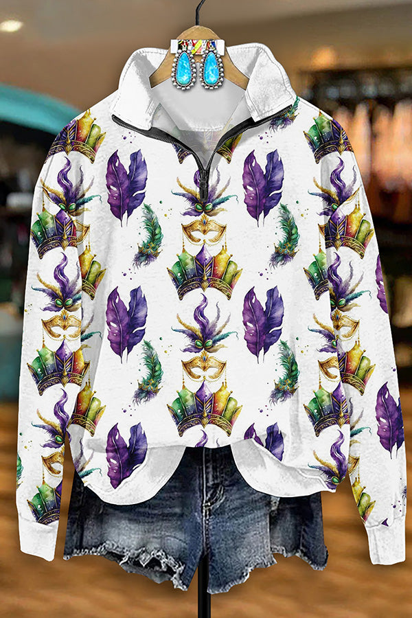 Vintage Mardi Gras Print Zip-Up Sweatshirt