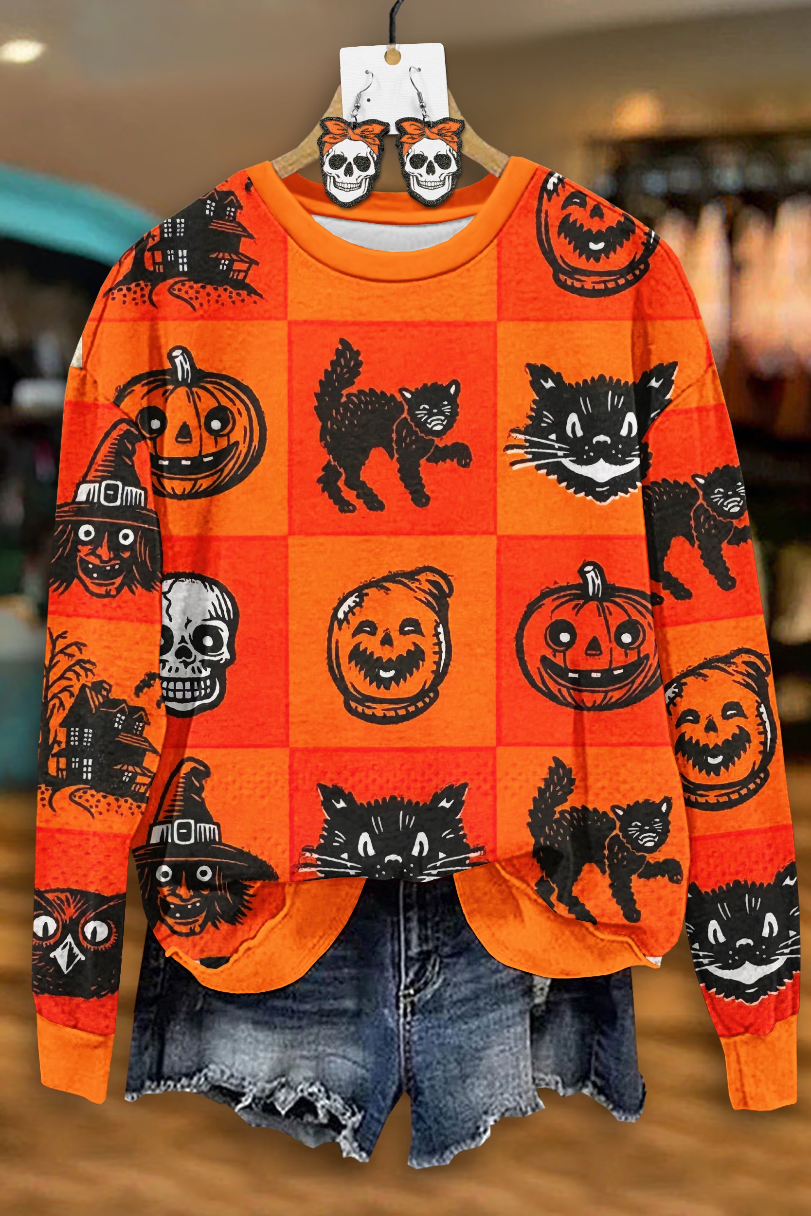 Halloween Pumpkin Skull Cat Sweatshirt