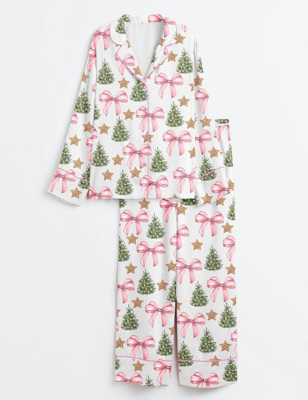 Coquette Bow Christmas Tree Long Sleeve Satin Pajama Set