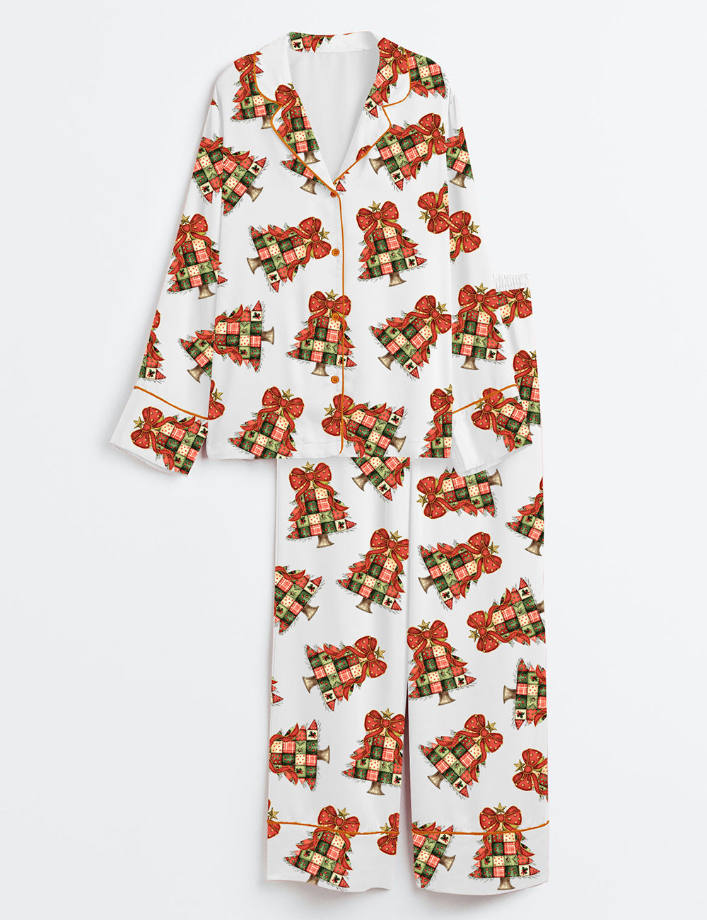 Retro Patchwork Christmas Tree Vintage Merry Christmas Bow Long Sleeve Satin Pajama Set