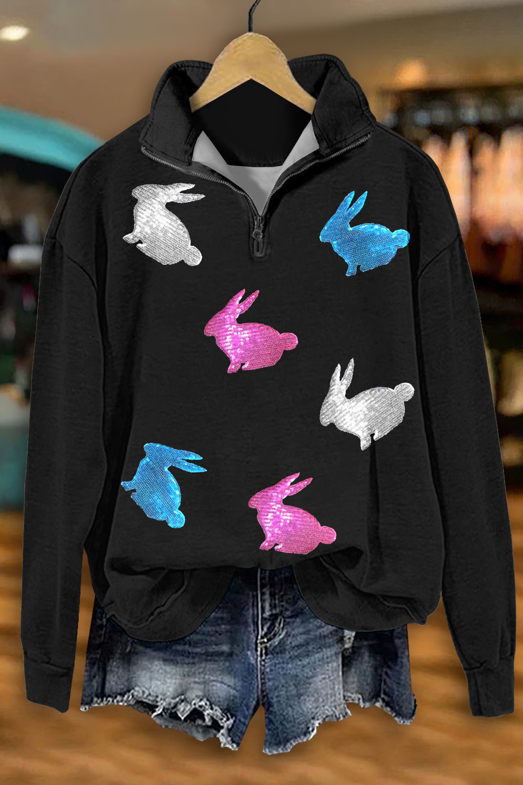 Classic Easter Bunny Print Zip-Up Sweatshirt