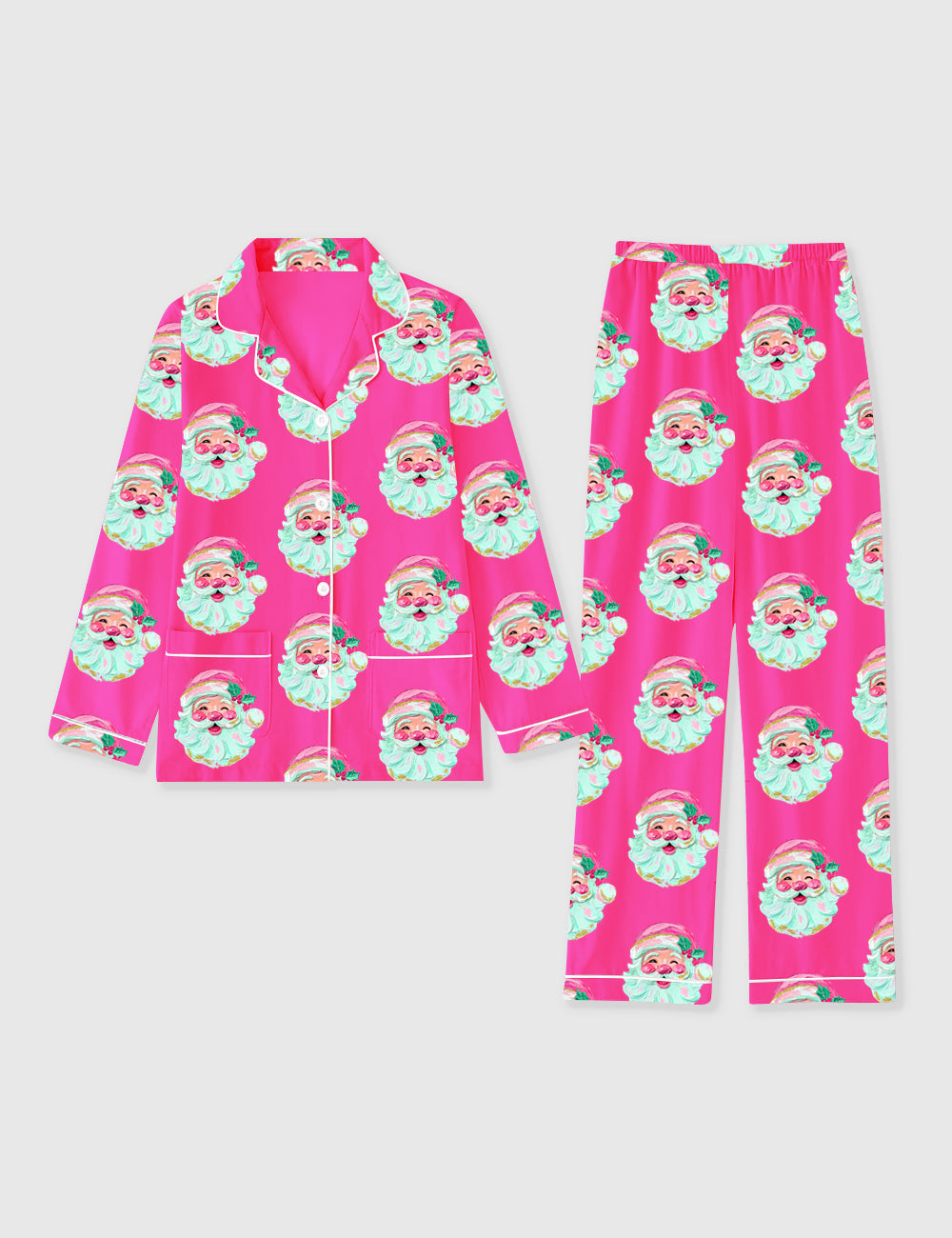 Women's Retro Pink Santa Christmas Holiday Long Sleeve Pocket Cotton Pajama Set
