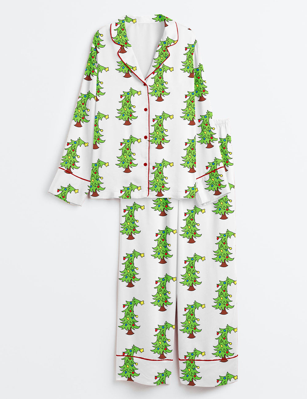 Cartoon Christmas Tree With The Grinch Hand Long Sleeve Satin Pajama Set
