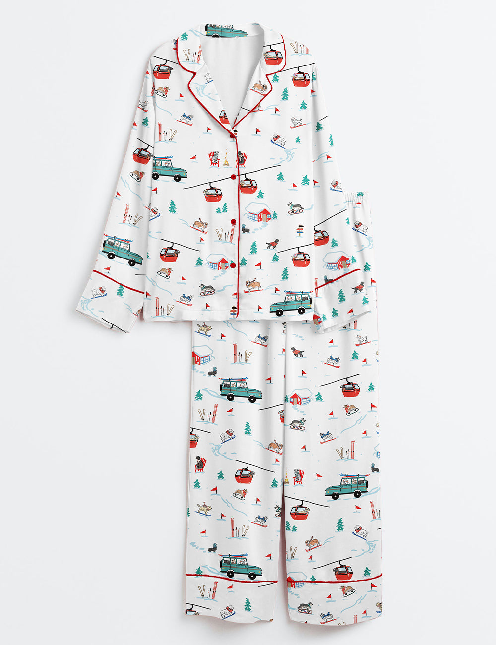 Ski Dogs Gondolas Winter Skiing Christmas Holiday Jolly Season Long Sleeve Satin Pajama Set