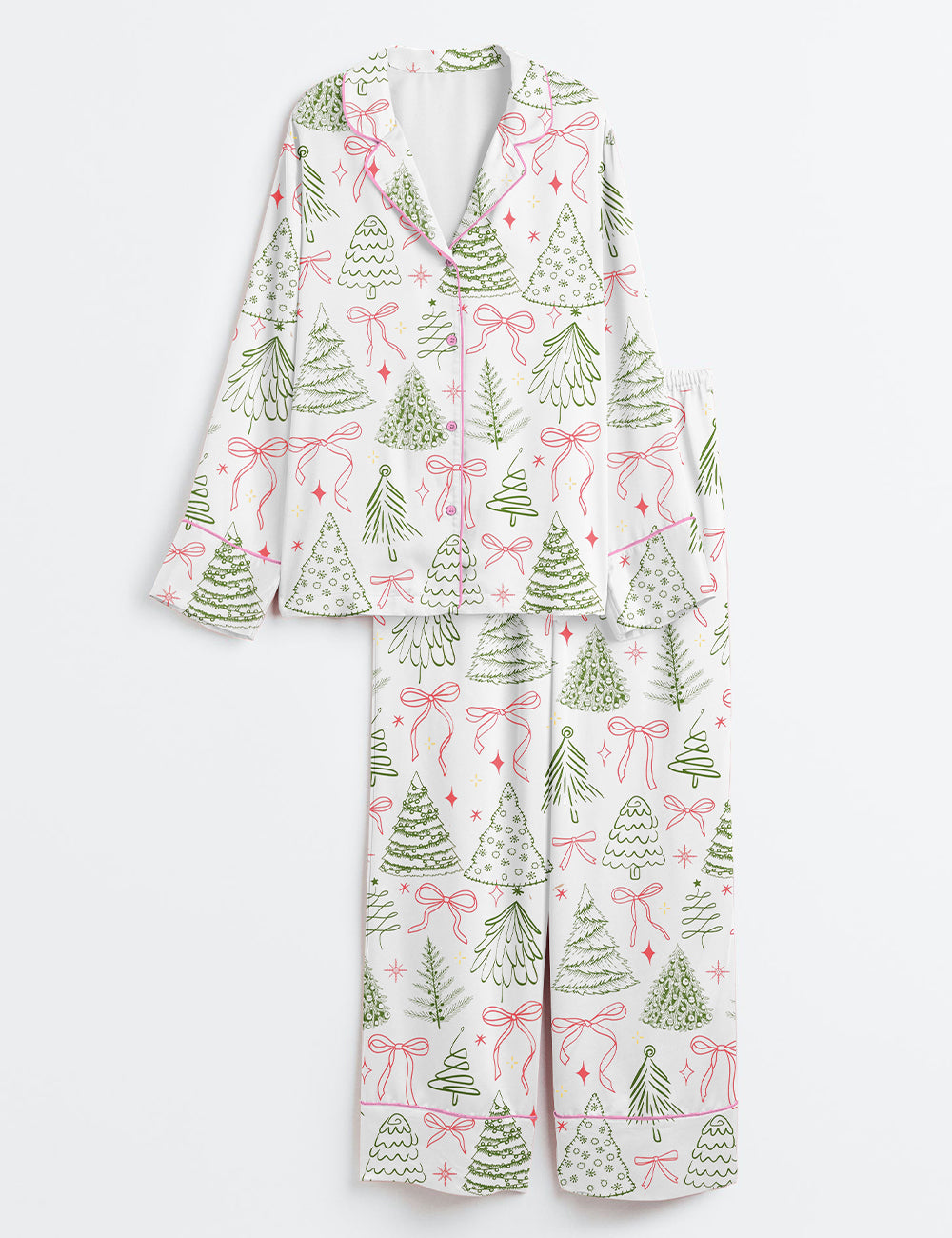Preppy Christmas Tree Vintage Coquette Bow Long Sleeve Satin Pajama Set